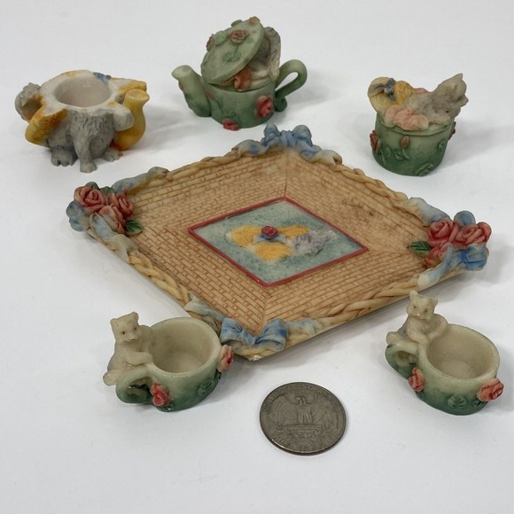 Prissy Kitties Ceramic Miniature Tea Set Tray Trinket Lot Cat Floral Hat Doll - Picture 1 of 9